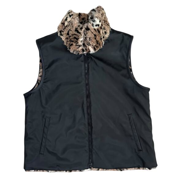 East 5th Women’s Reversible Faux Fur Leopard Print Black Vest Size Large - Picture 1 of 9